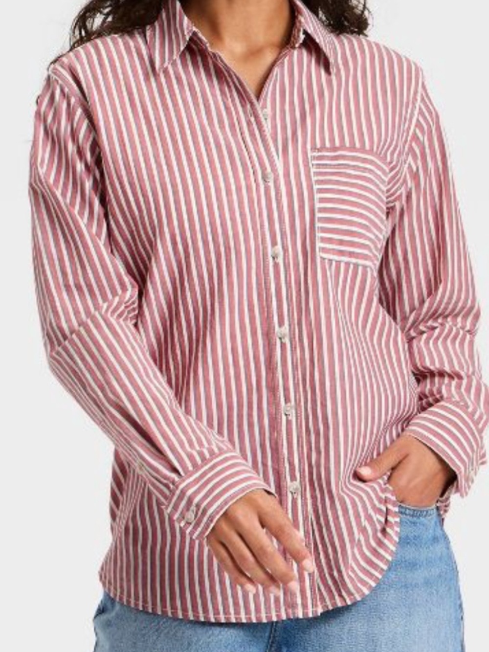 Universal Thread 100% Cotton Stripe Button-Down Shirt Muted Red Gray White Large